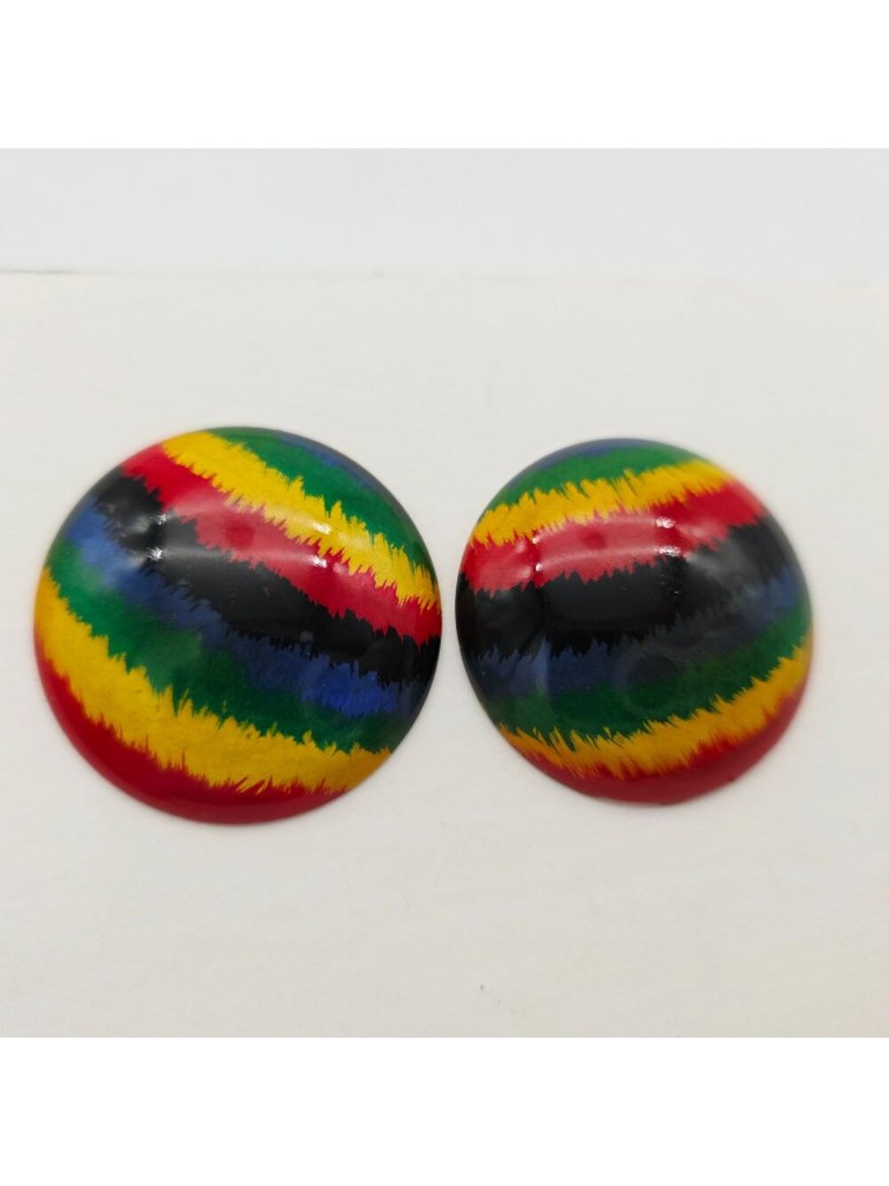 Rainbow Striped Wooden Post Earrings With Glossy Finish & Stainless Steel Backs
